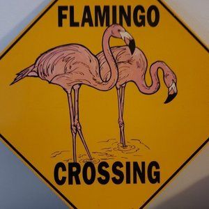 VTG Flamingo Crossing .. Novelty Fun Metal Sign 12 in x 12 in Yellow Crosswalks